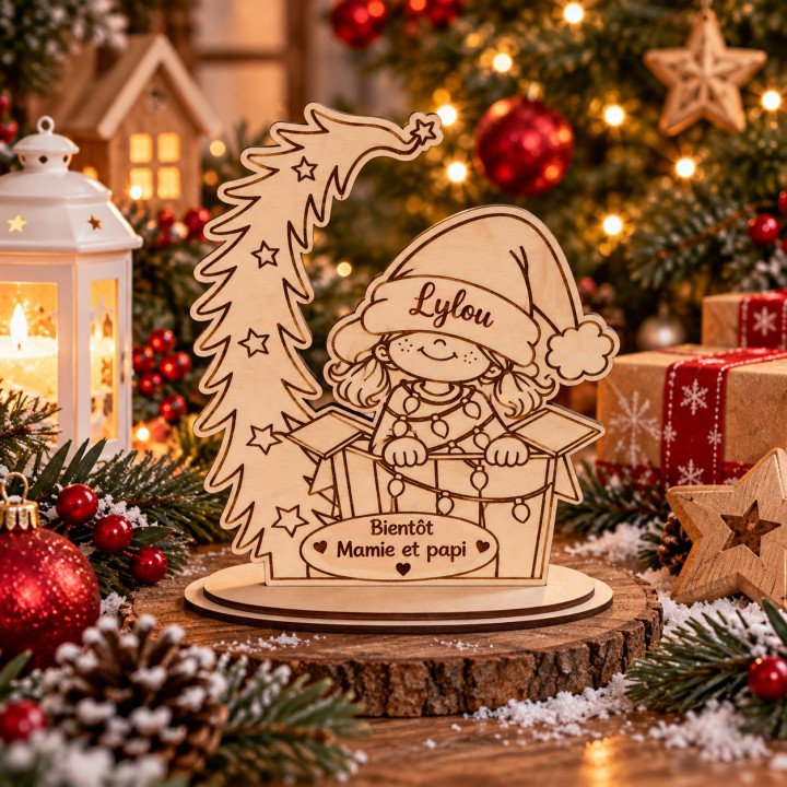 Décoration de Noël en bois personnalisée – Prénom et message sous le sapin